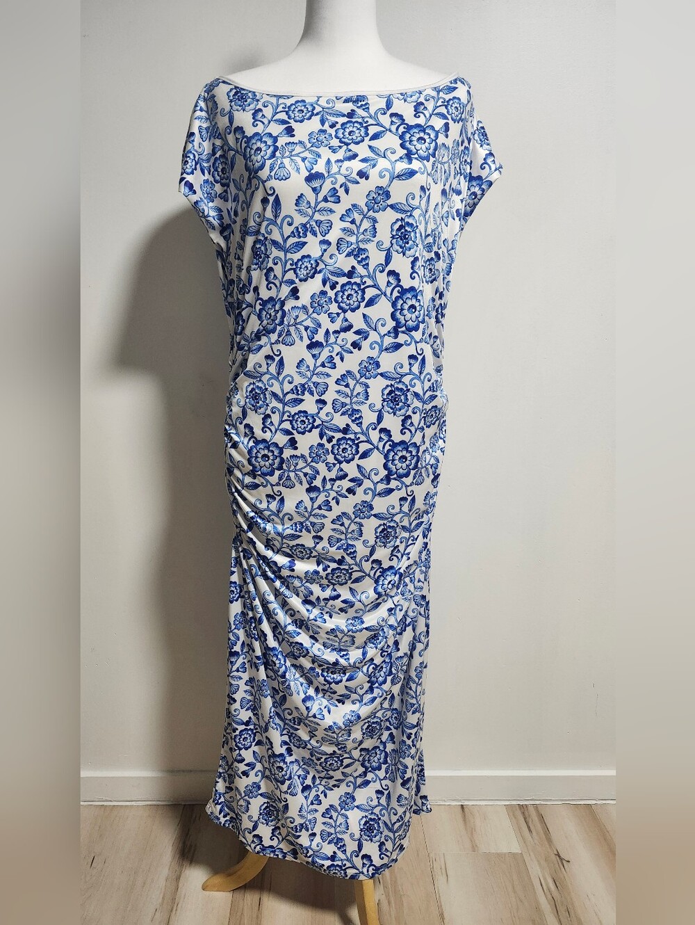 Blue Floral Midi Dress - Women's Elegant Boatneck By Vintage Chic